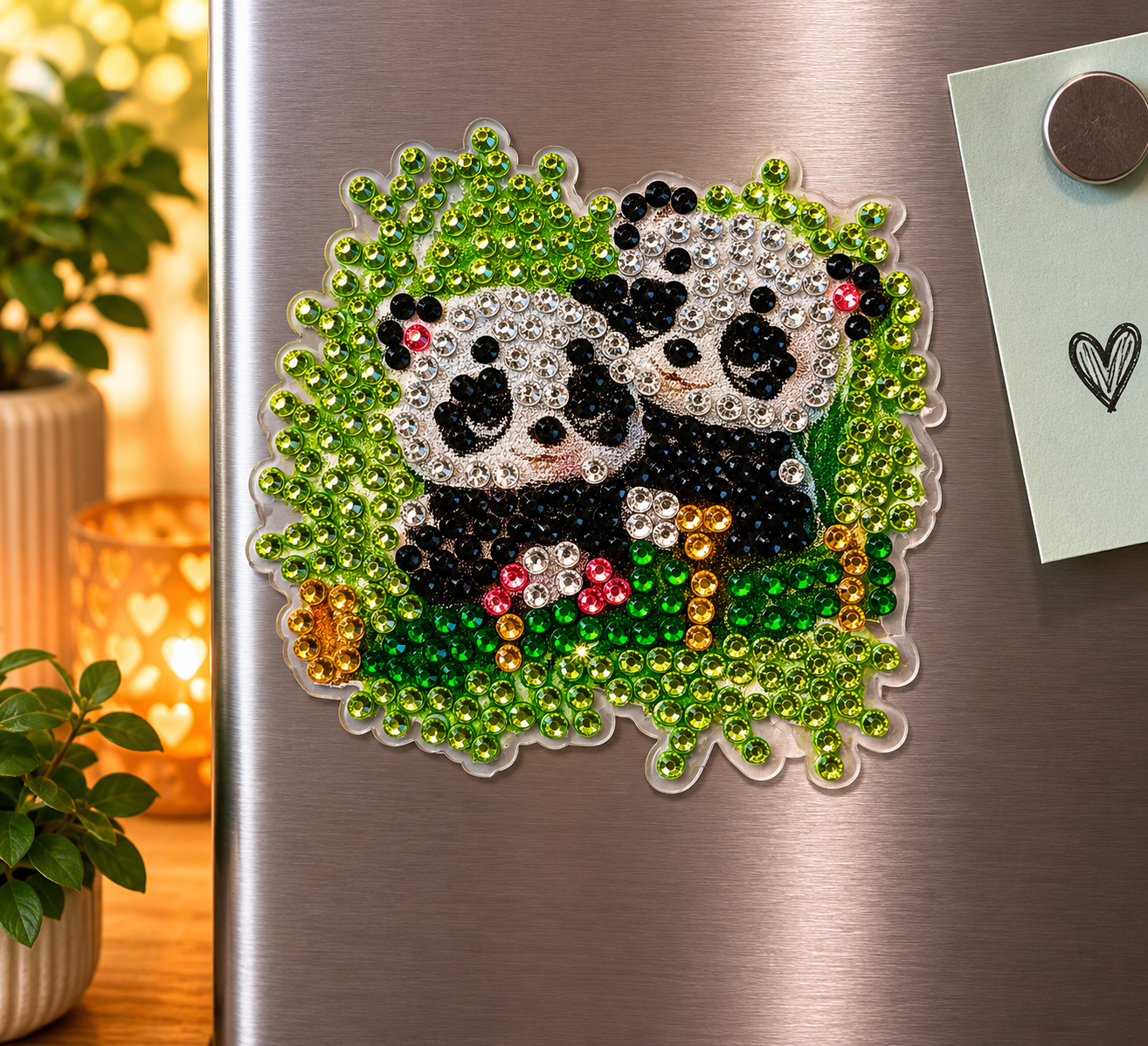 Panda duo diamond painting koelkast-/decoratiemagneet, 7 x 7 cm