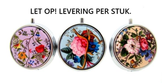 William Kilburn pillendoosje met spiegel, rond, 5 cm, 3 vaks assorti