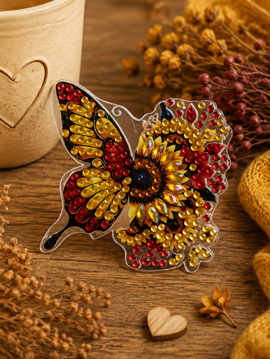 Vlinder met zonnebloemen diamond painting koelkast-/decoratiemagneet, 7 x 7,5 cm