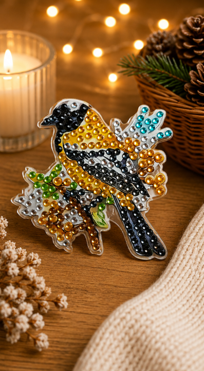 Gele vogel diamond painting koelkast-/decoratiemagneet, 7,5 x 7,5 cm