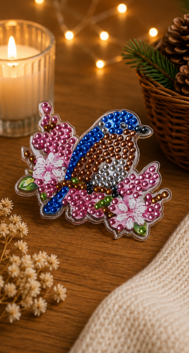 Blauwe vogel met bloesem diamond painting koelkast-/decoratiemagneet, 7 x 6 cm