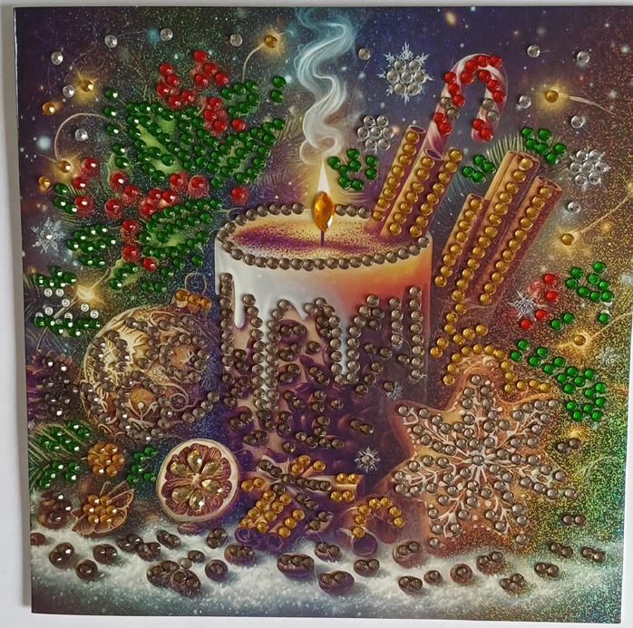 Warme winterdrank met hulst, diamond painting wenskaart, 15 x 15 cm