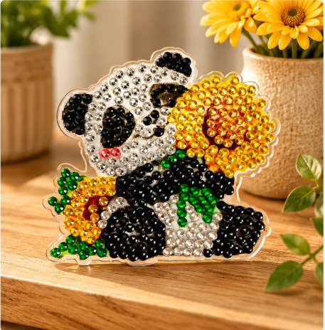 Panda met bloem diamond painting koelkast-/decoratiemagneet, 7 x 7 cm