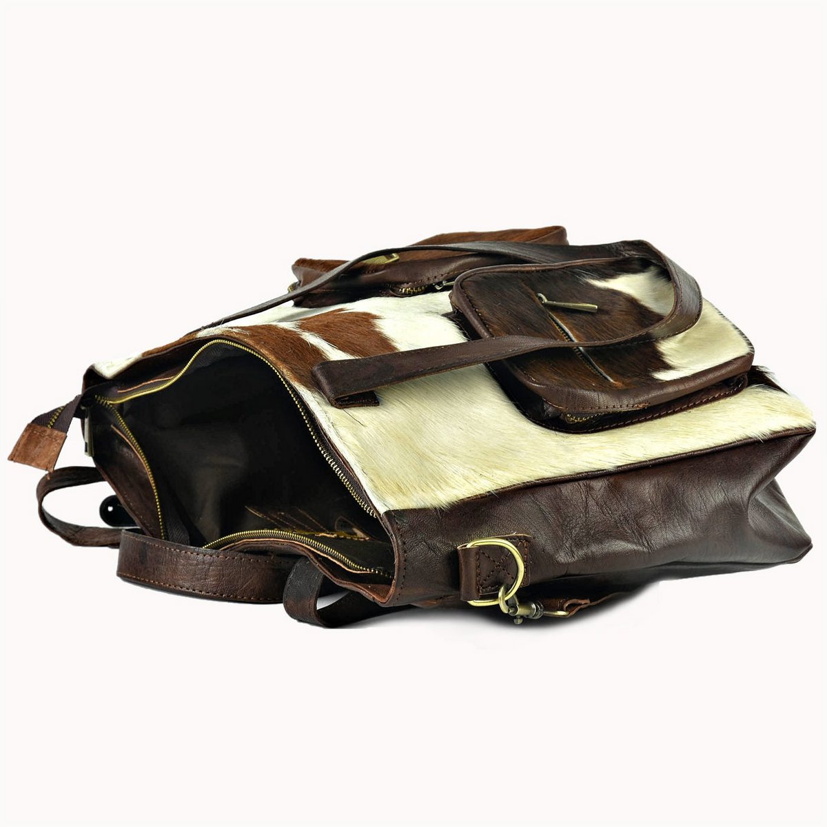 Bisou leren tas met koeienvacht, 40 × 10 × 30 cm