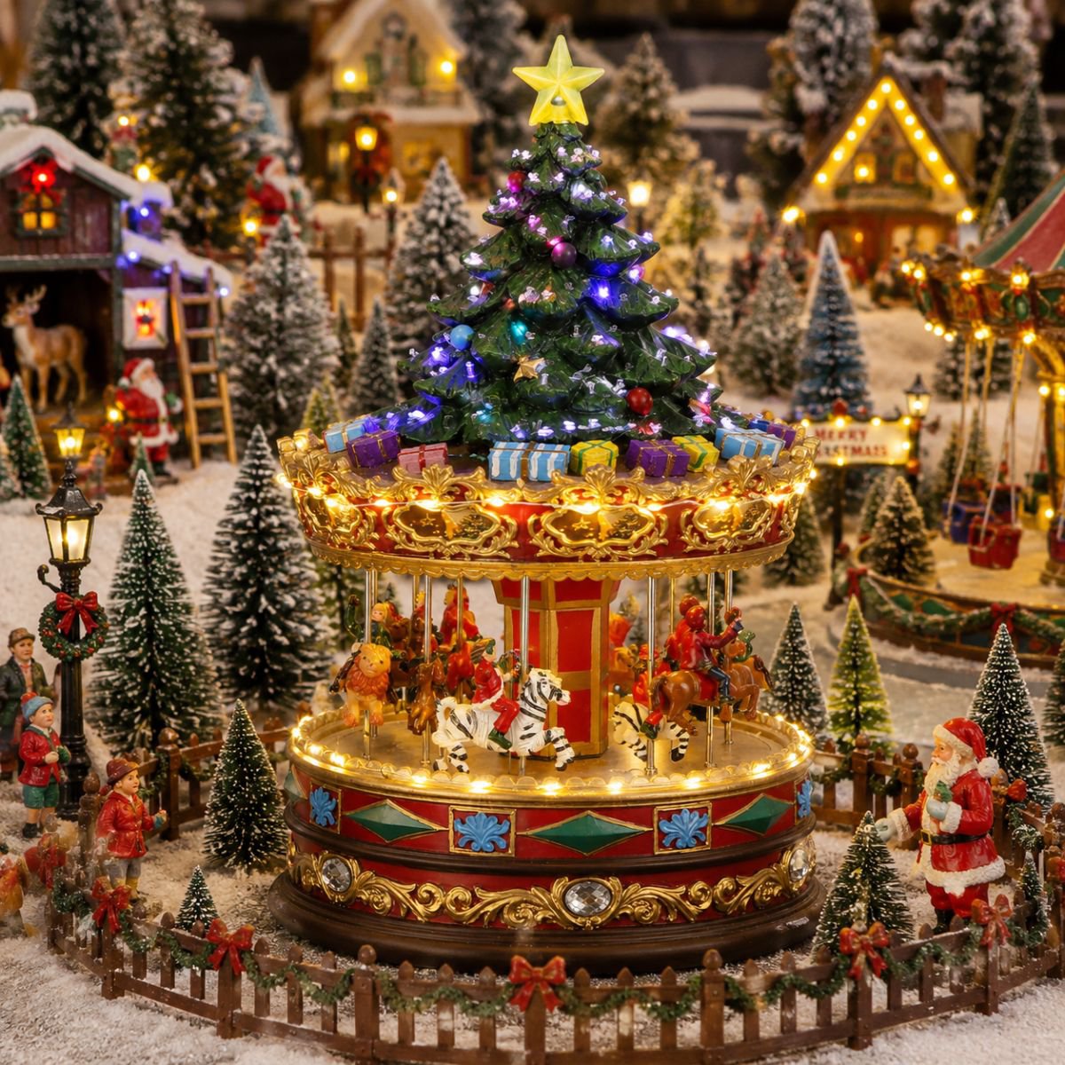 Kerstdorp carrousel met kerstboom, muziek en verlichting, 22 × 22 × 35 cm