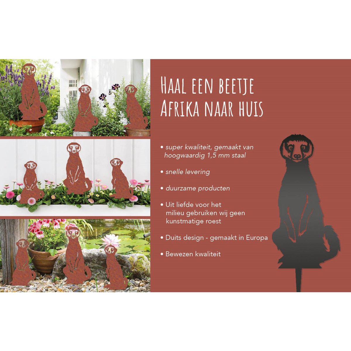 Stokstaartjes familie roest ornament set van 3 – tuin decoratie