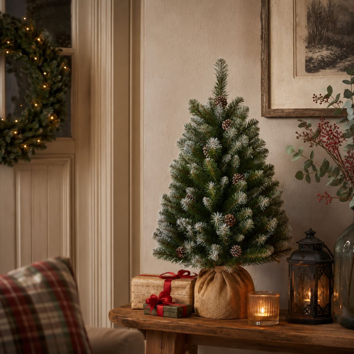 Empress Spruce besneeuwde mini kunstkerstboom met jute voet, 90 cm