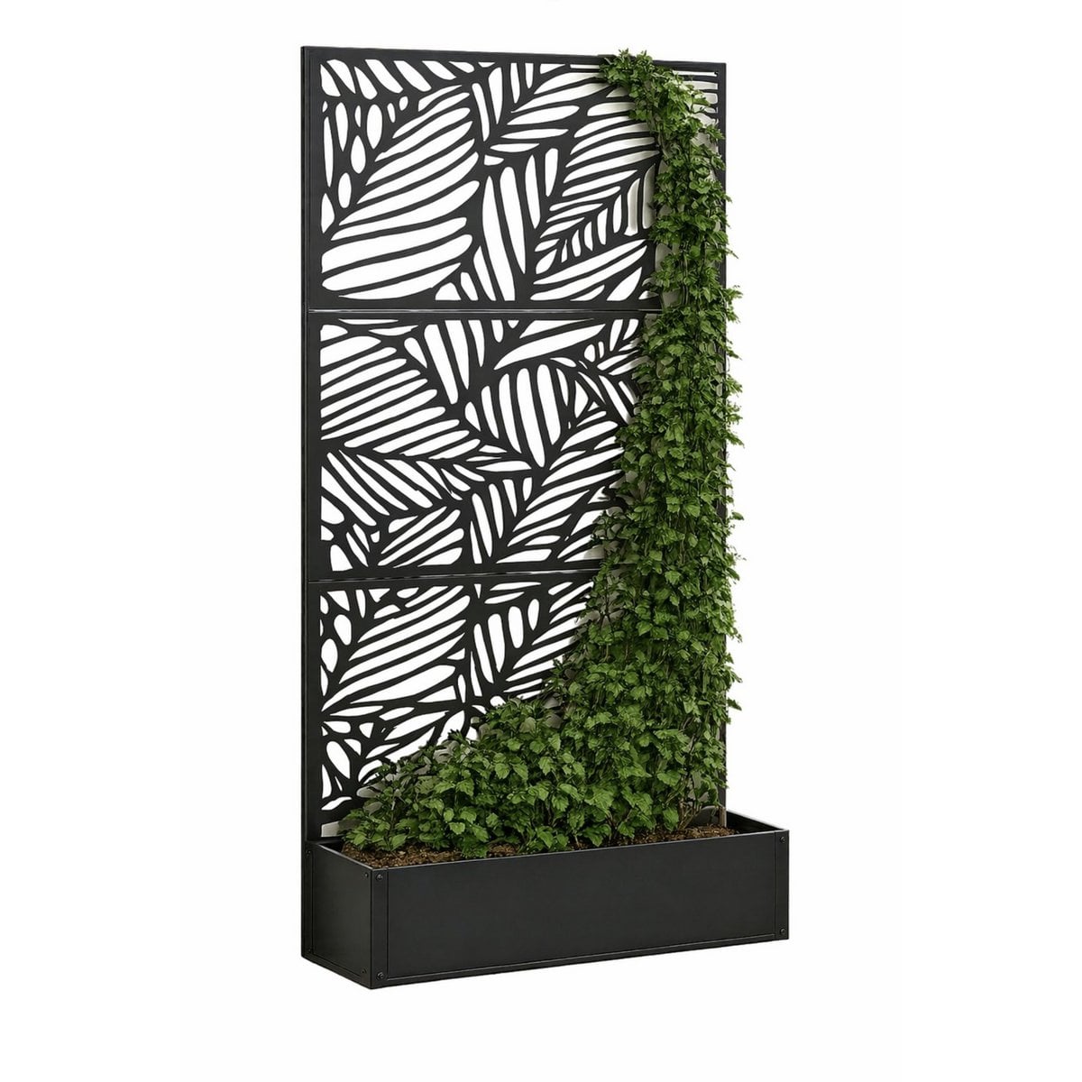 Sapri, zwarte plantenbak met bladmotief, 92 x 33 x 174 cm