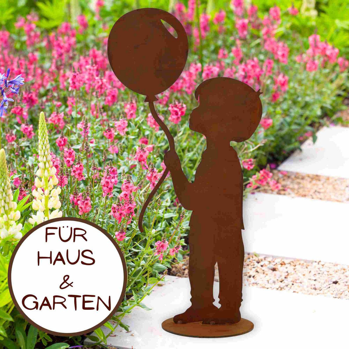 Roestmetalen jongen met ballon, 52 cm