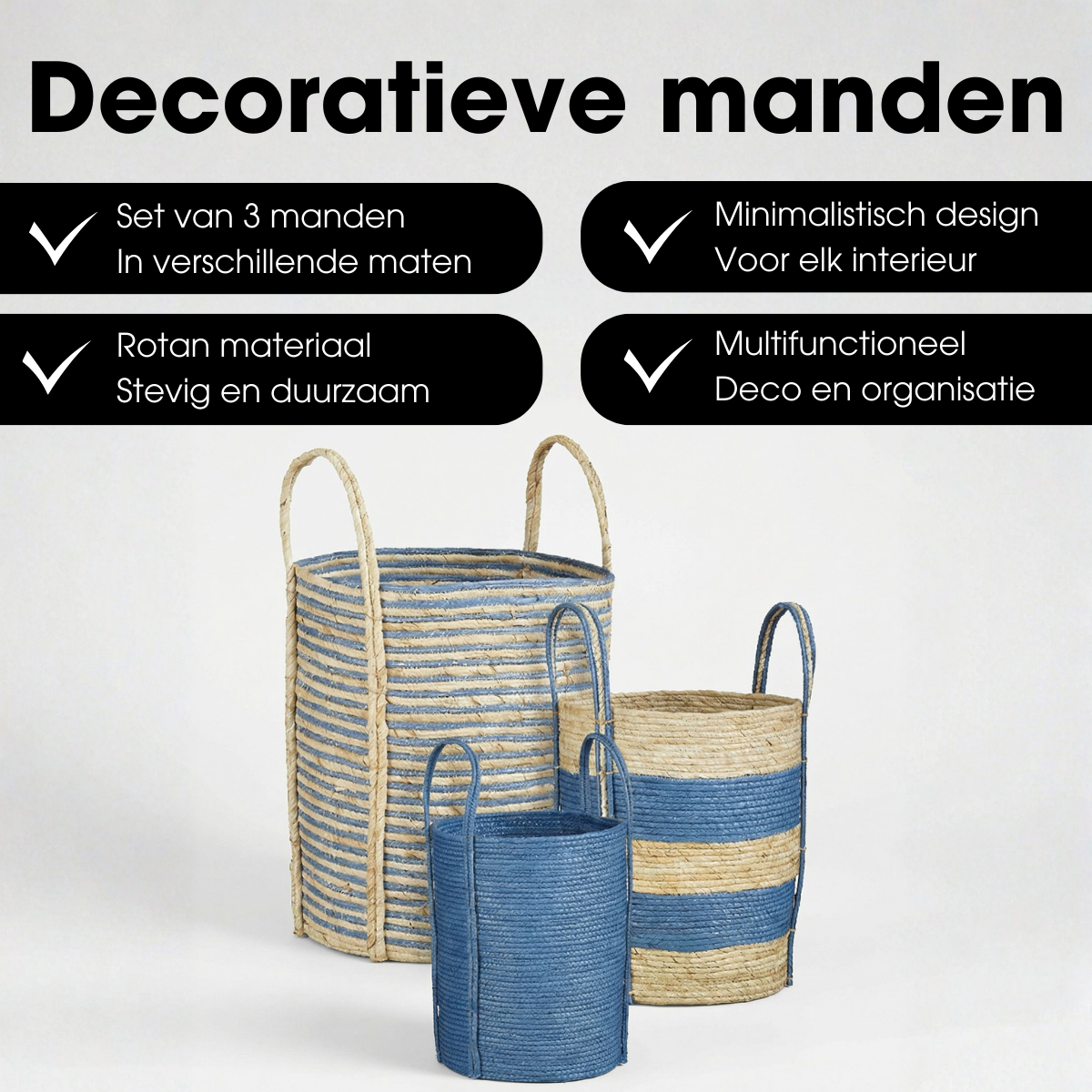 Brooklyn opbergmanden, set van 3, blauw en lichtbruin