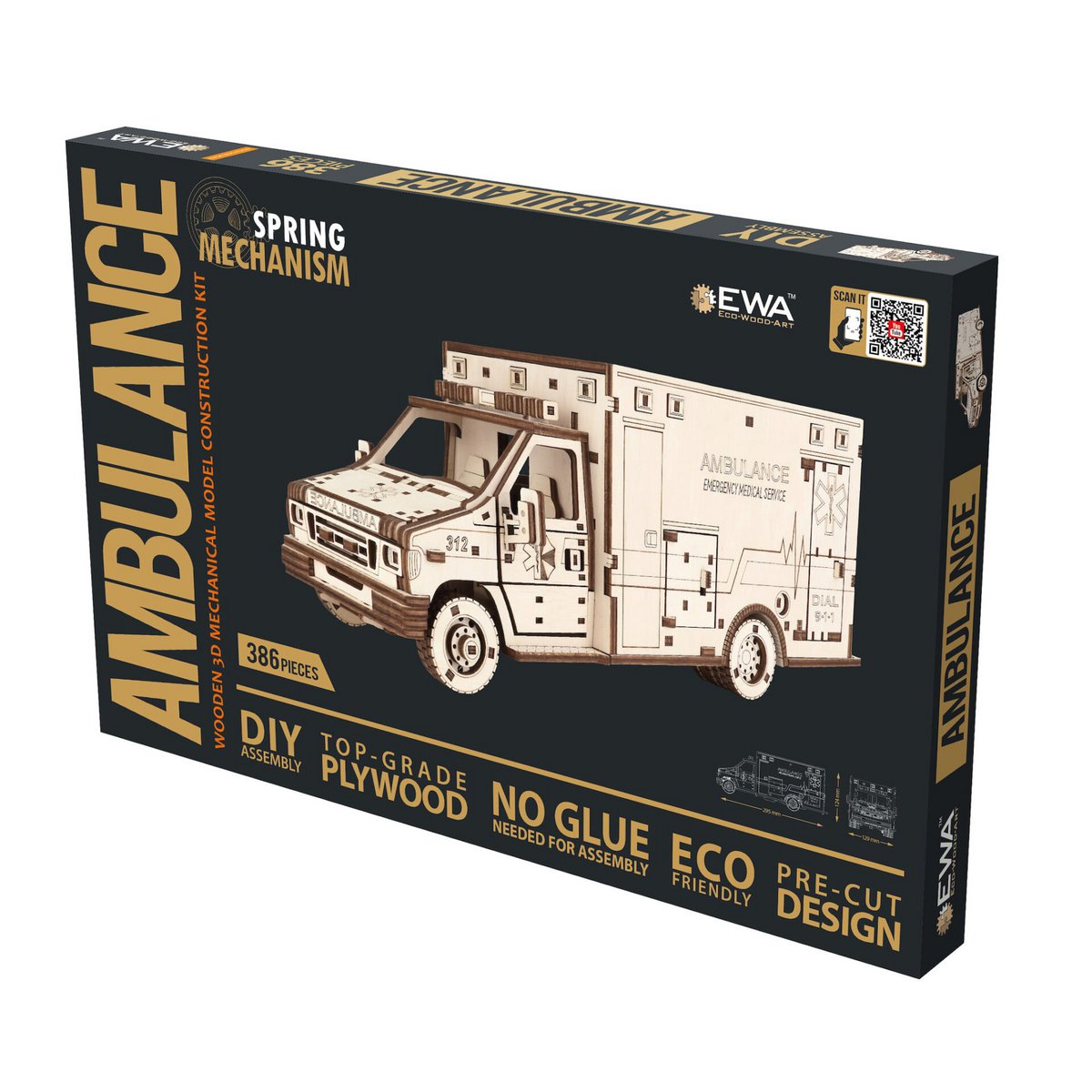 DIY houten mechanische puzzel ambulance, 29,5 x 12,9 x 12,4 cm