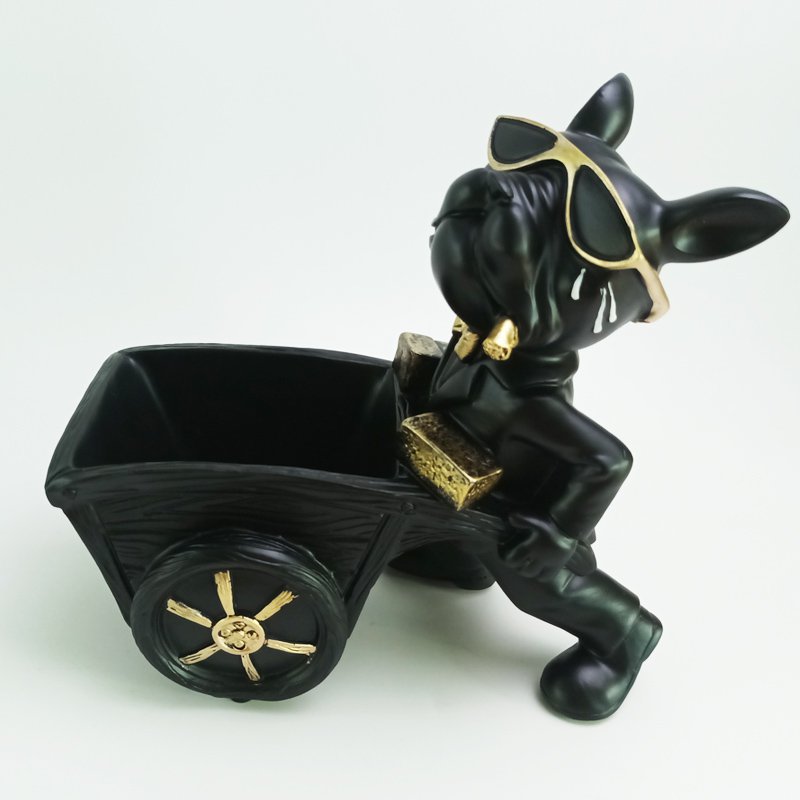 Hond met handkar van polyresin, zwart en goud, 22,5 cm