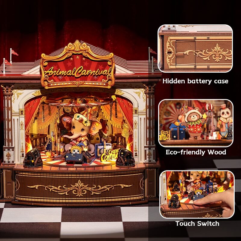 DIY 3D houten muziekdoos Animal Carnival met led, 22 x 18 x 22,2 cm