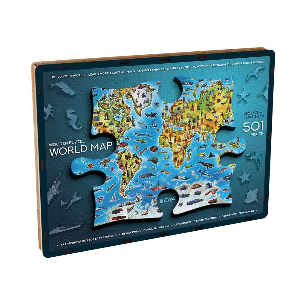 Houten legpuzzel World Map in kleur 501 stukjes, 55 × 39,3 cm