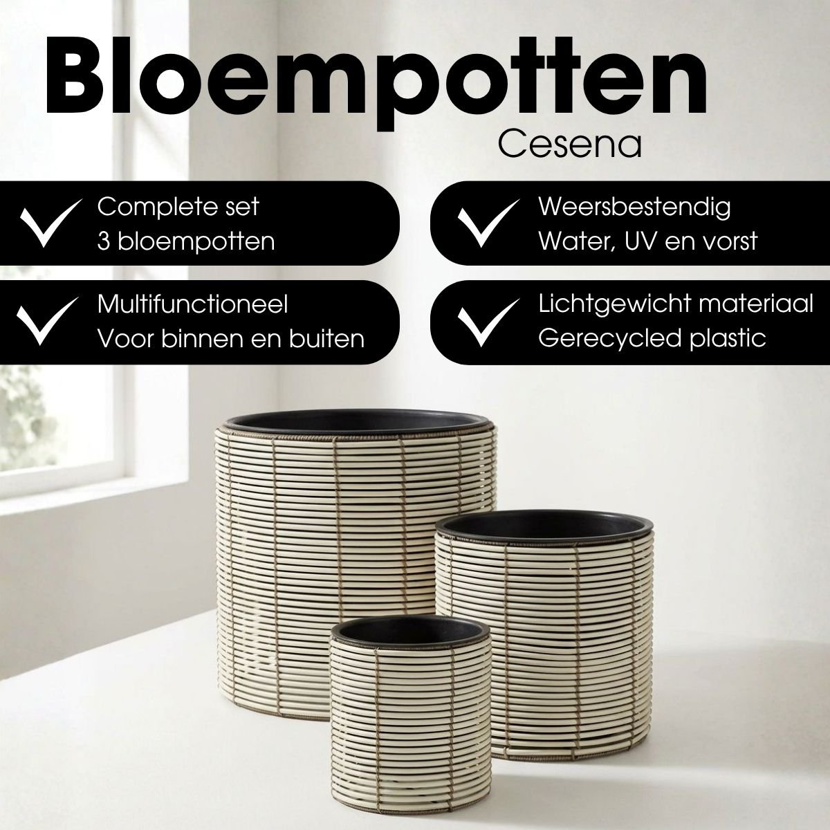 Cesena bloempottenset wit, set van 3, gevlochten look