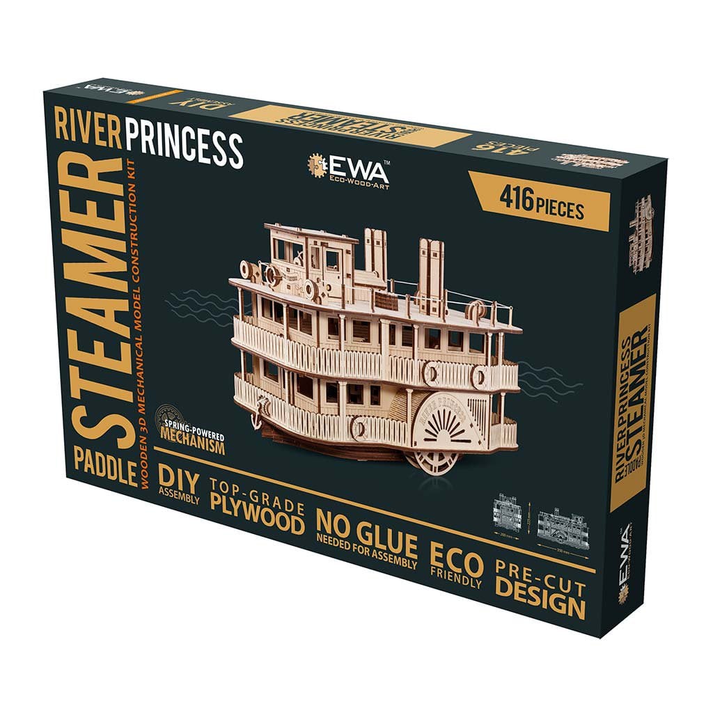 3D mechanische houten puzzel Paddle River Princess stoomboot 35 × 20 × 22,5 cm – 416 stukjes