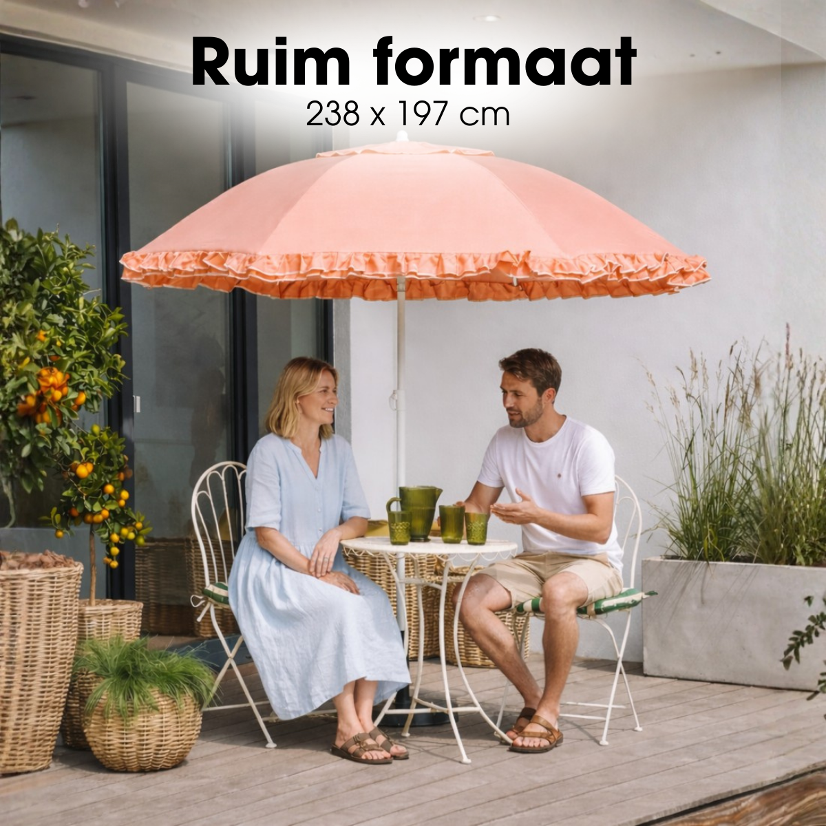 Perzikkleurige parasol met ruches Ø195 cm