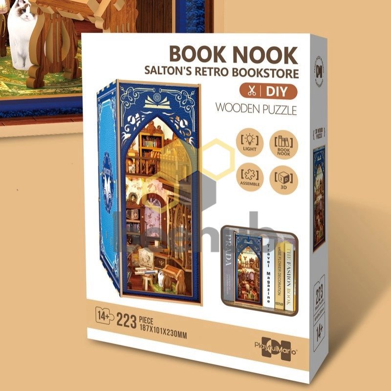 3D houten book nook retro boekwinkel, 18,7 x 10,1 x 23 cm