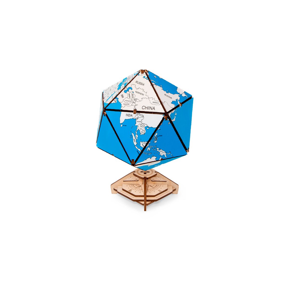 3D houten modelbouw icosaëdrische wereldbol blauw 16,4 × 16,4 × 23 cm – 97 stukjes