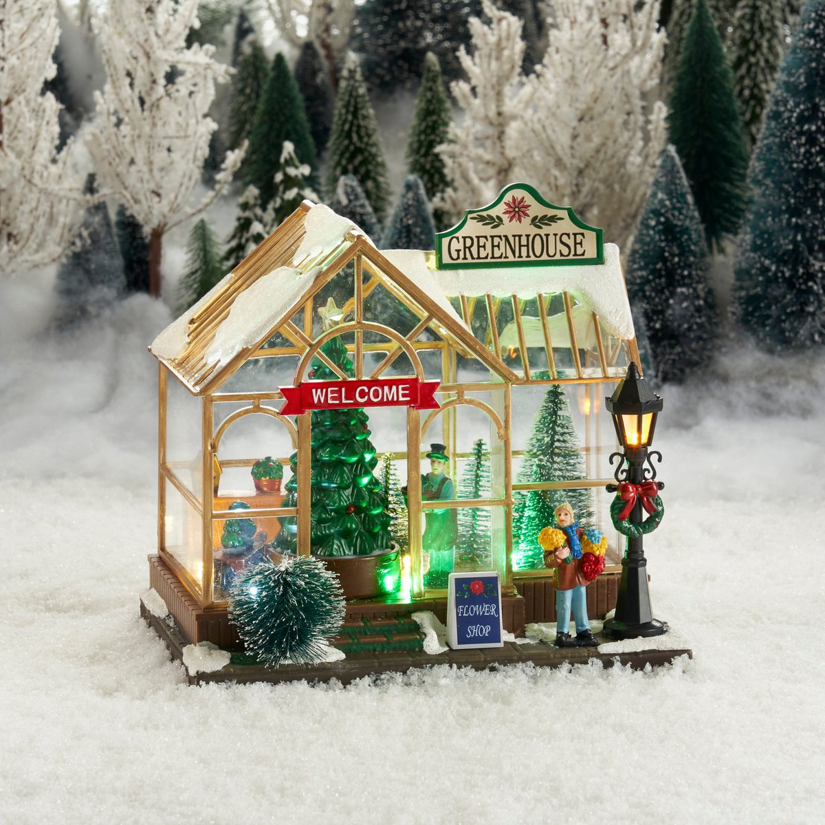 Kerstdorp plantenkas met kerstbomen en verlichting, 21 × 14 × 19,5 cm