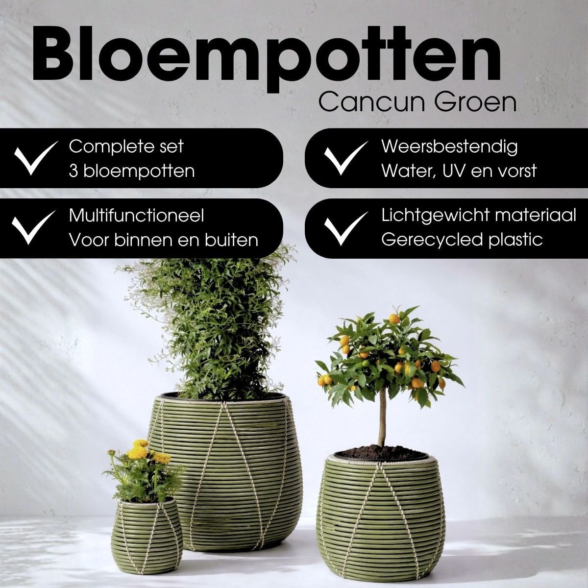 Cancun bloempotten, set van 3, lichtgroen