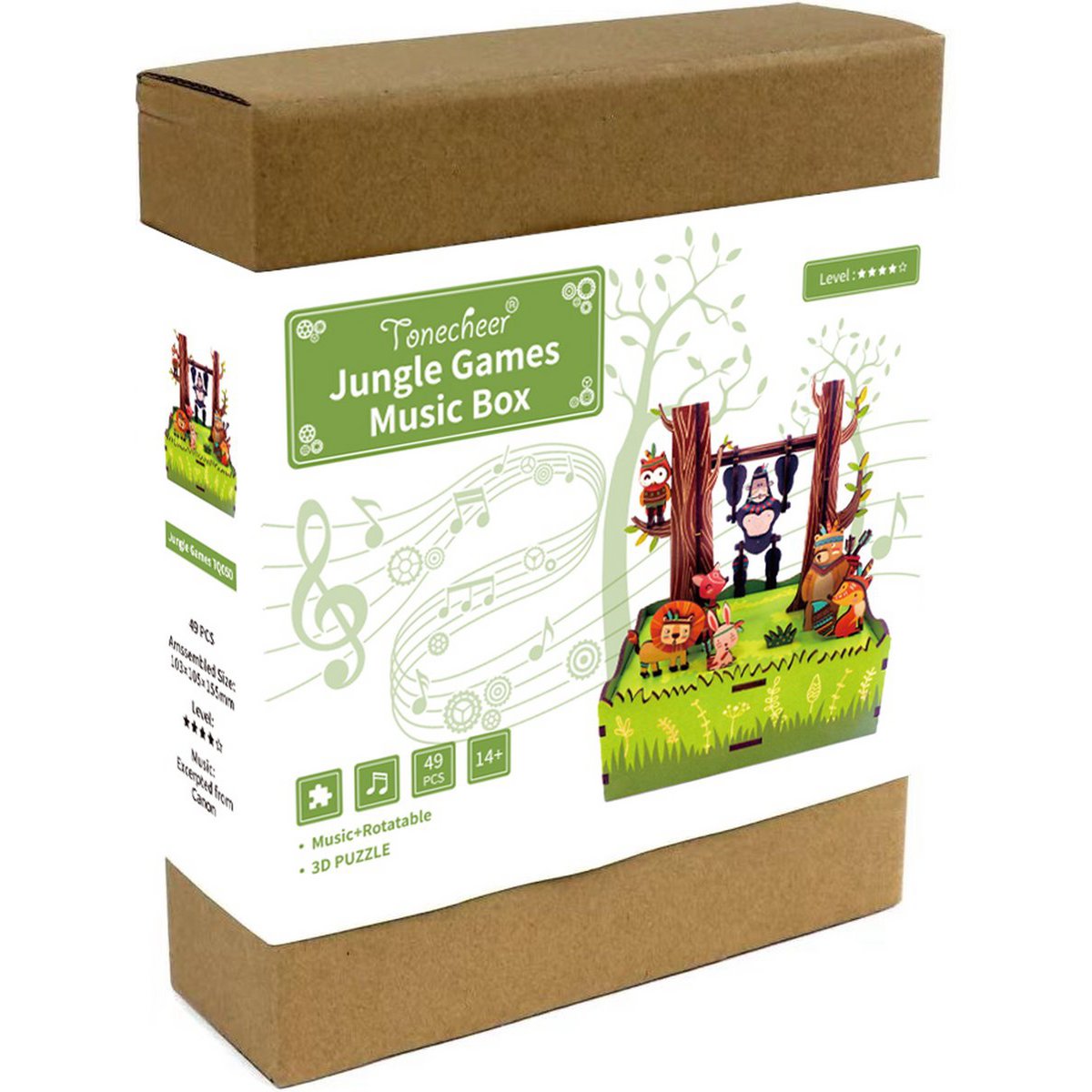 DIY 3D houten muziekdoos Jungle Games, 10,3 x 10,5 x 15,5 cm