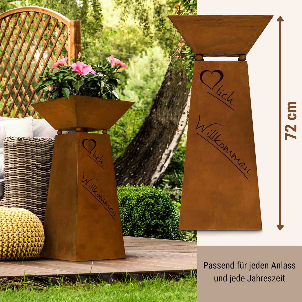 Welkomstzuil met bloemenschaal van roestpatina, 57 cm