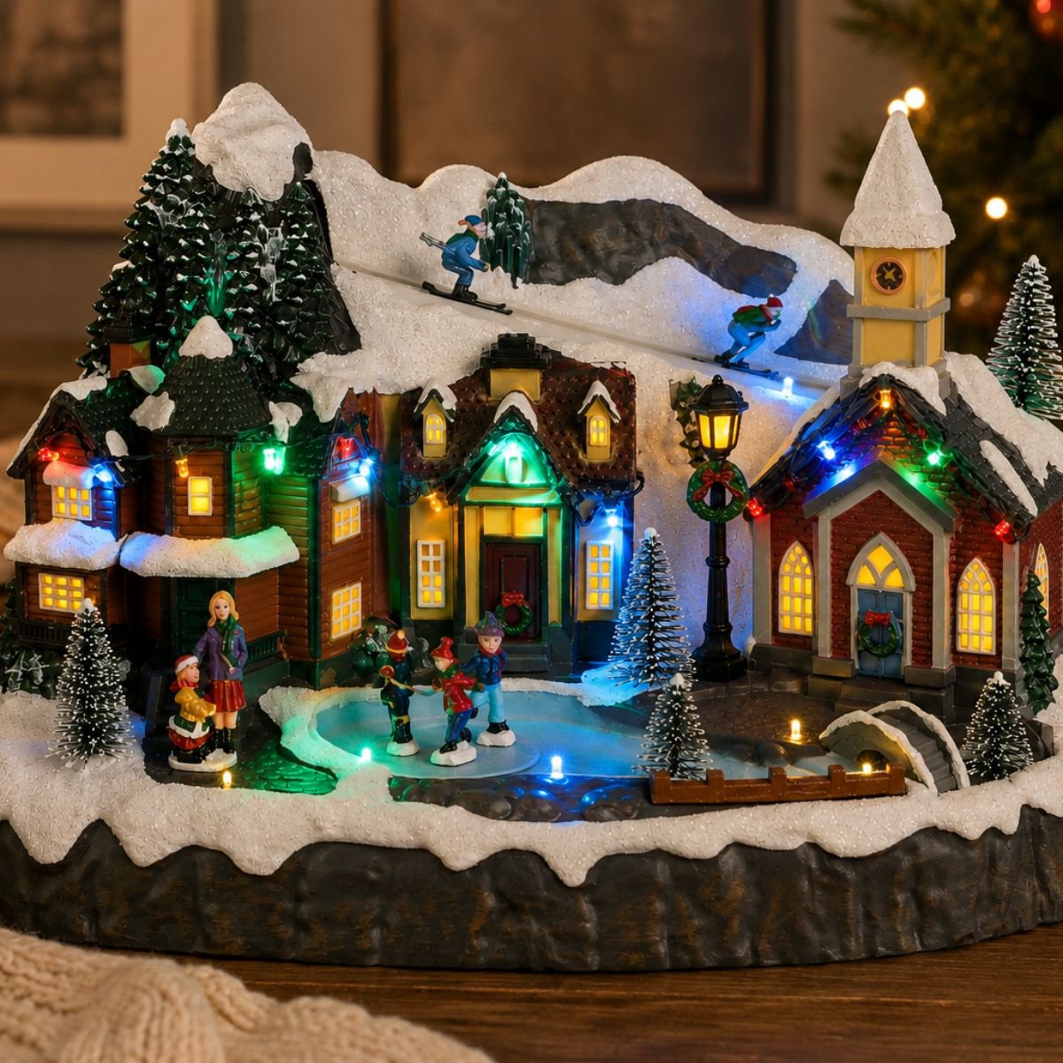 Kerstdorp miniatuur met schaatsers, verlichting en beweging, 34 × 18 × 24 cm