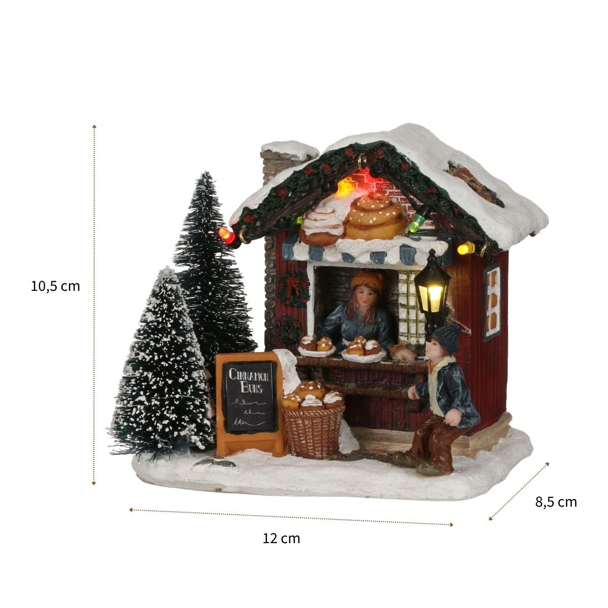 Kerstdorp kraam met kaneelbroodjes en verlichting, 12 × 8,5 × 10,5 cm