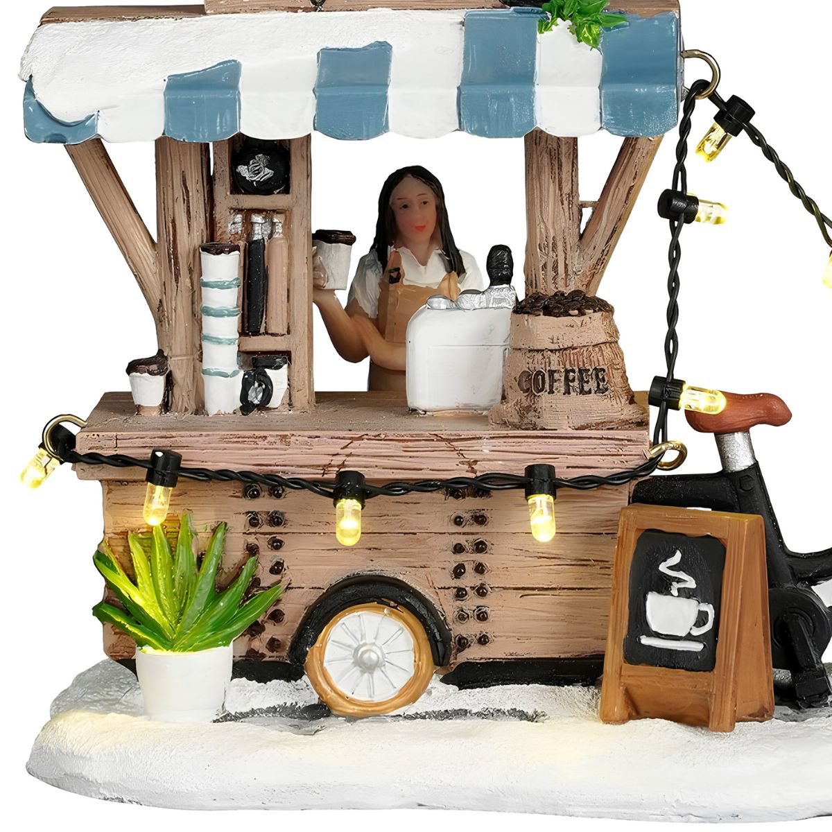 Kerstdorp miniatuur koffiekraam met verlichting, 13,5 × 8 × 11 cm
