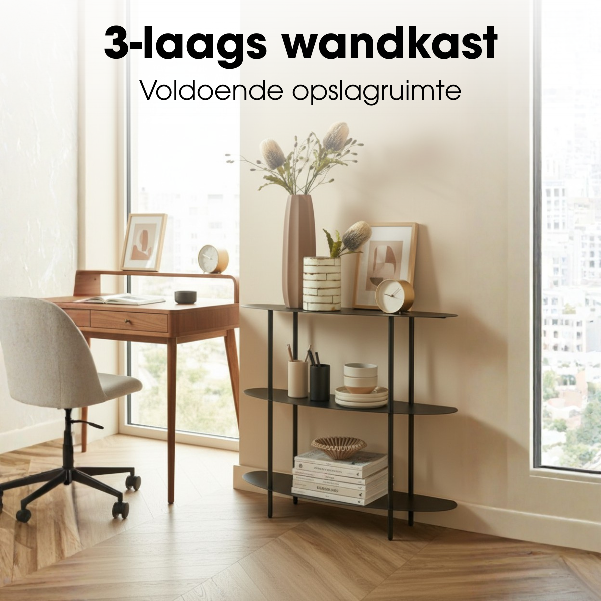 Open kast, zwart met 3 ovale planken, 90 x 28 x 81 cm