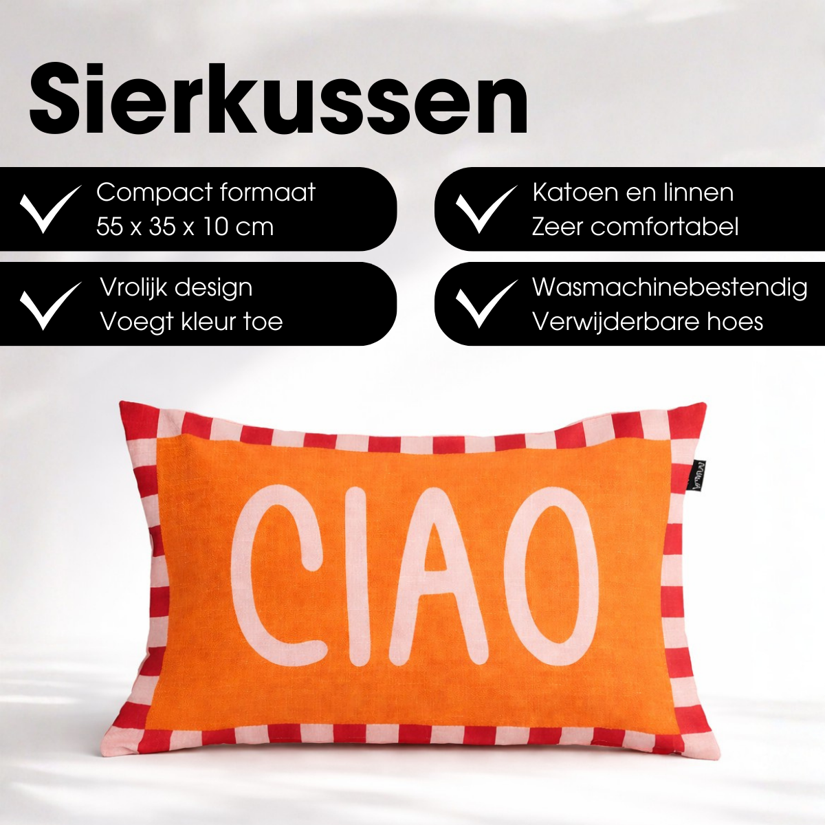 Sierkussen met tekst ciao oranje, 55 x 35 cm