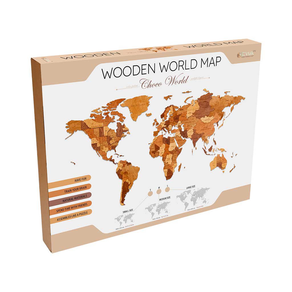 houten wandpuzzel wereldkaart choco world L 192 × 105 cm – 127 stukjes