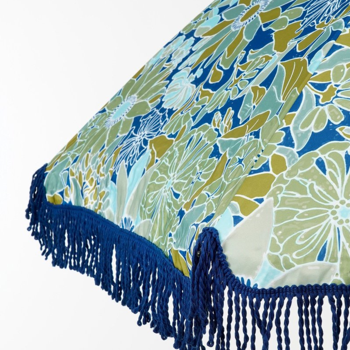 Blauwe parasol met bloemenprint en franjes Ø220 cm