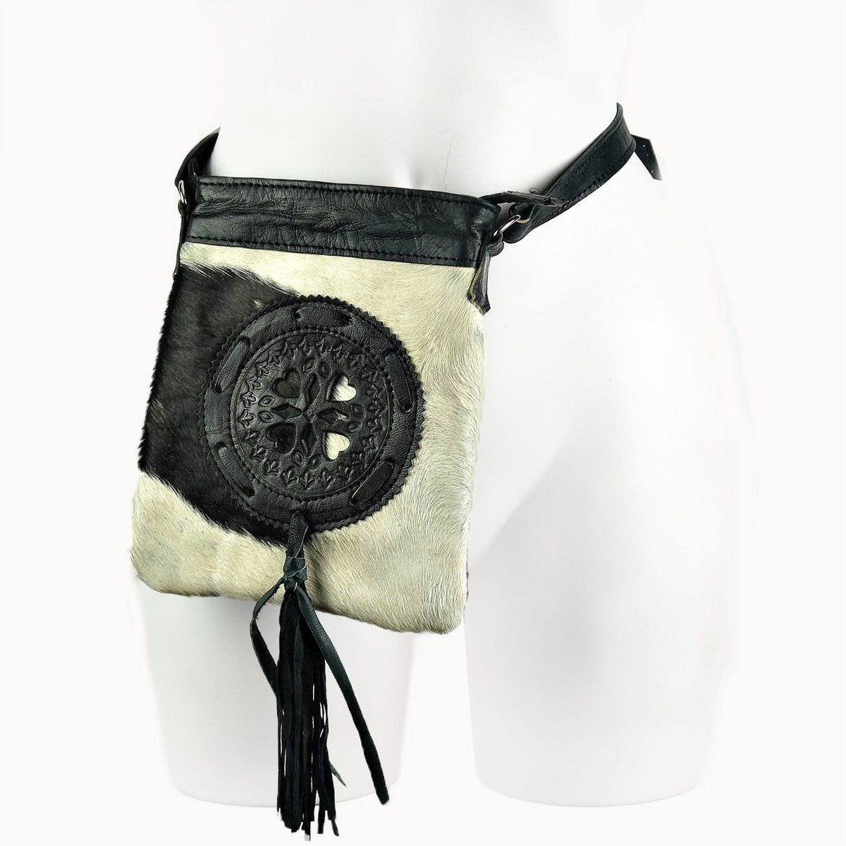 Farin leren heuptas en crossbodytas met koeienhuid, 15 × 3 × 20 cm