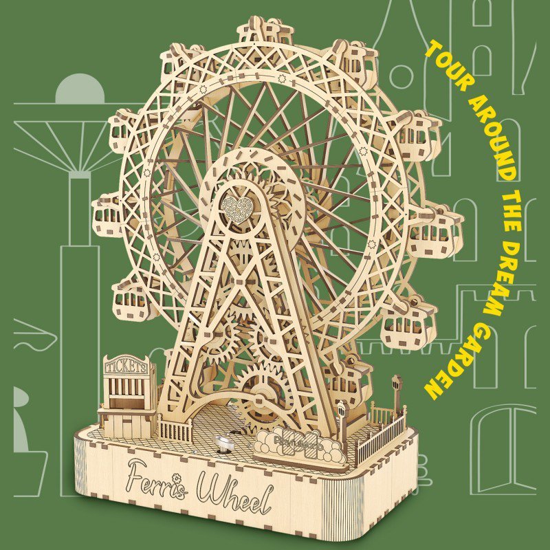 Ferris Wheel houten puzzel muziekdoos, 28,8 × 14,5 × 33 cm