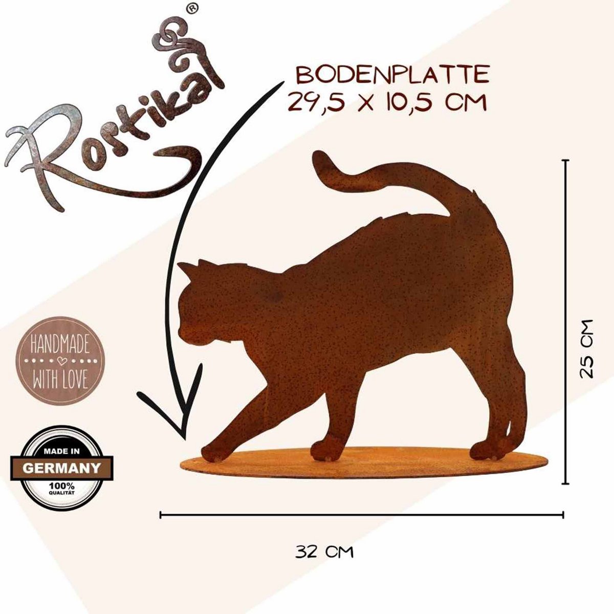 Roestmetalen kat "Elly" op grondplaat, 25 x 32 cm
