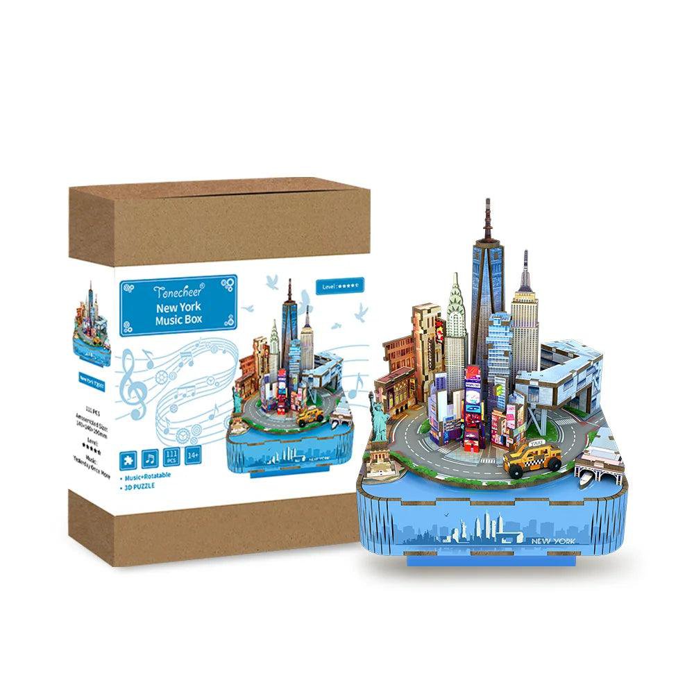 DIY 3D houten muziekdoos New York, 14 x 14 x 19 cm