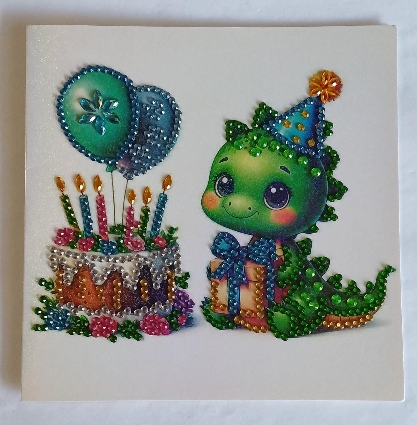 Verjaardagsdraakje felicitatiekaart, diamond painting, 15 x 15 cm