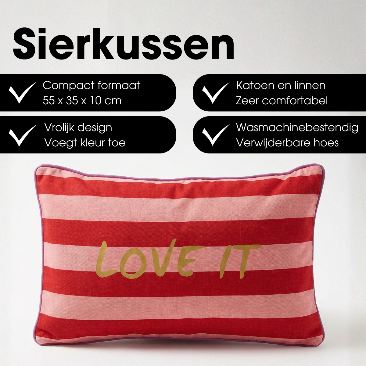Sierkussen met tekst love it, 55 x 35 cm