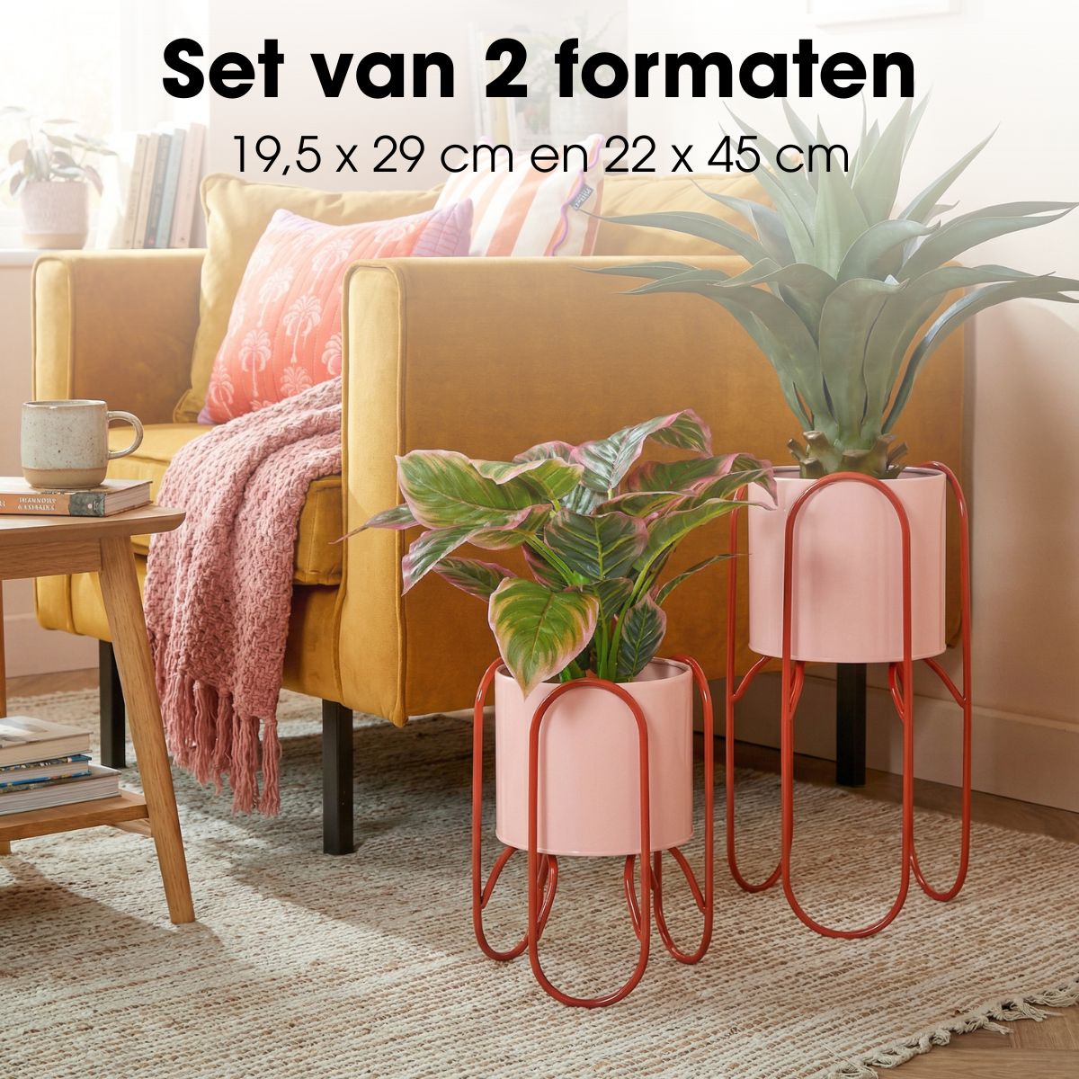 Donau, set van 2 roze bloempotten op standaard, Ø19,5 en Ø22 cm