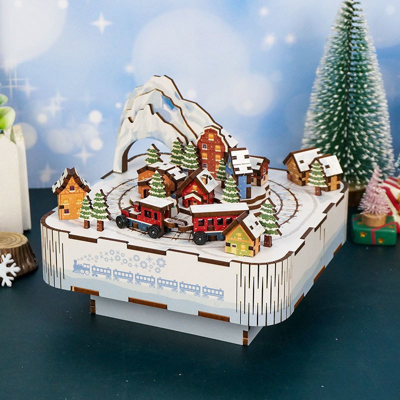 Houten muziekdoos 3D puzzel Snow Train, 14 cm