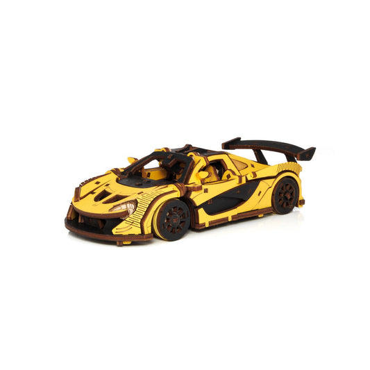 DIY houten mechanische puzzel raceauto geel, 21 x 9,5 x 5,7 cm
