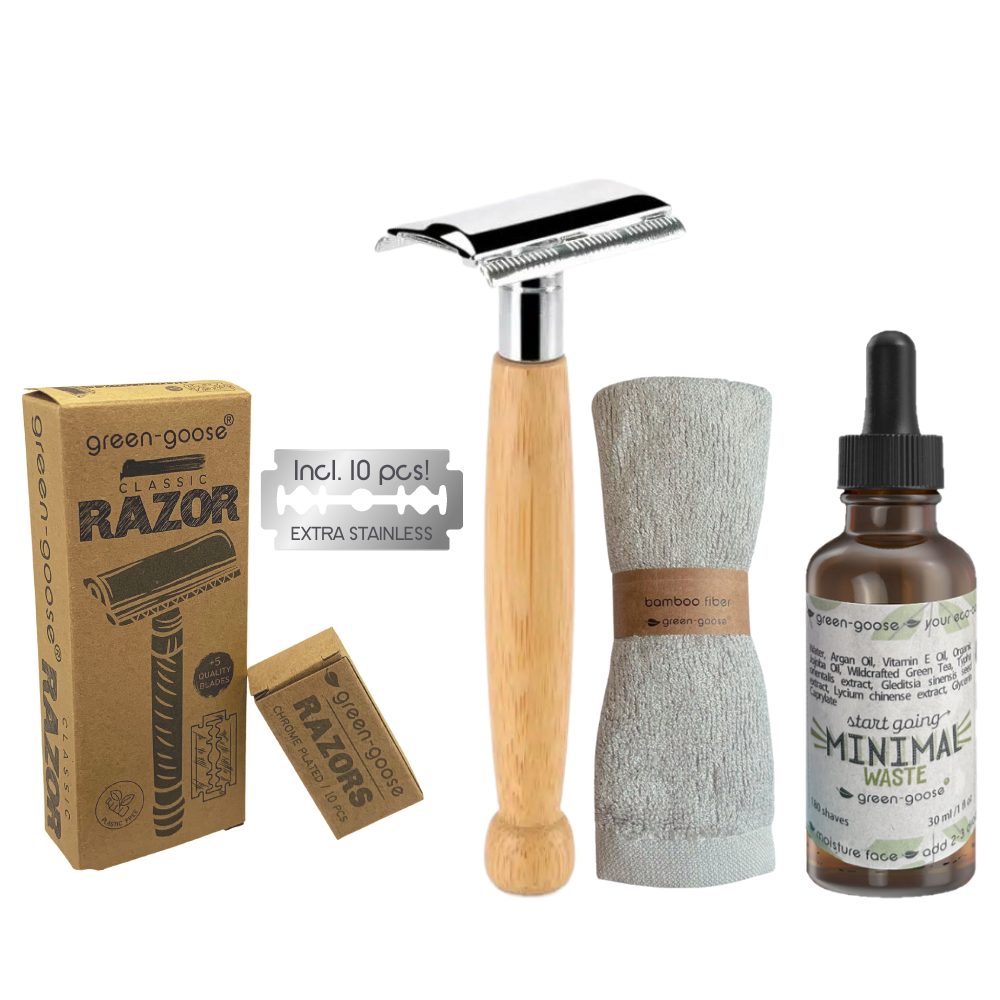 Bamboe scheerset met safety razor, scheerolie en bamboedoekje, 13-delig
