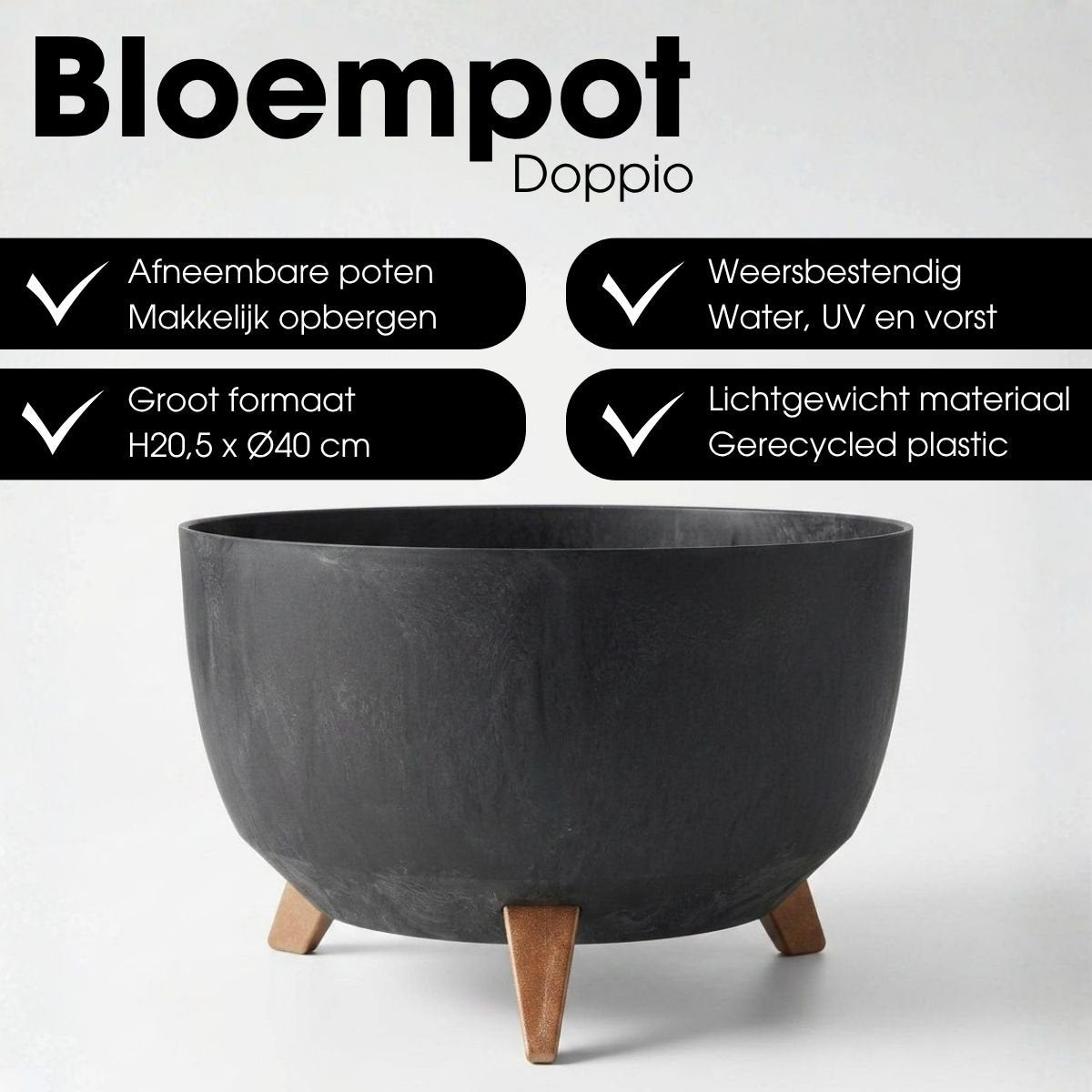 Doppio bloempot zwart cementlook Ø40 cm op poten