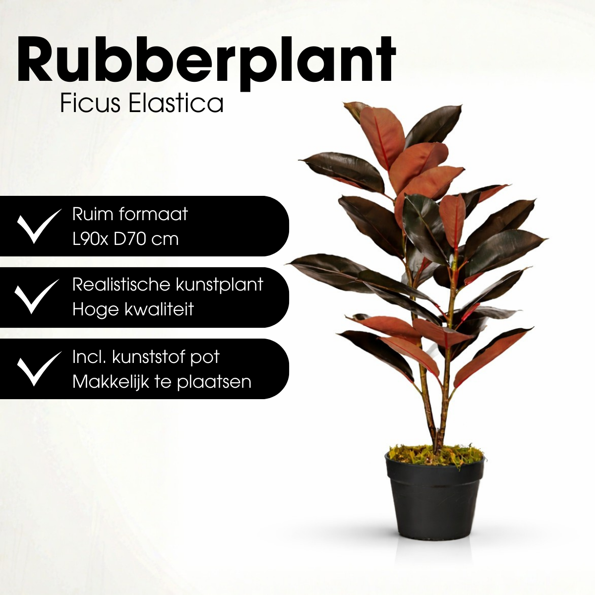 Rubberplant kunstplant, roodbruin, 90 cm, Ø70 cm