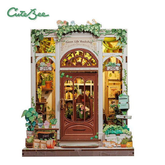 DIY miniatuurhuis Green Life Bookshop met stofkap, 18 cm