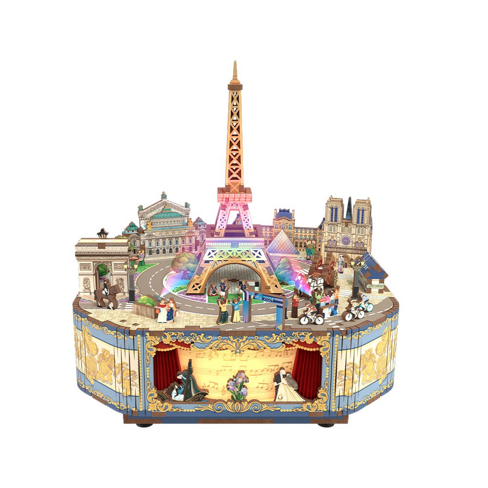 DIY 3D houten muziekdoos Romantic Paris, 16 x 14 x 17,7 cm