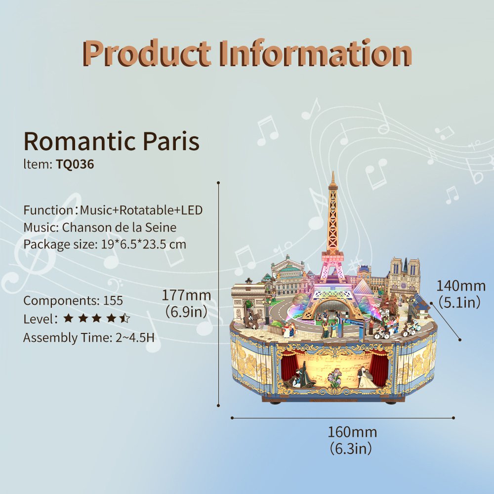 DIY 3D houten muziekdoos Romantic Paris, 16 x 14 x 17,7 cm