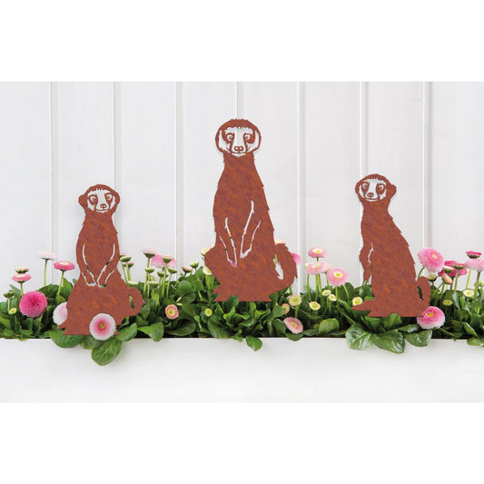 Stokstaartjes familie roest ornament set van 3 – tuin decoratie